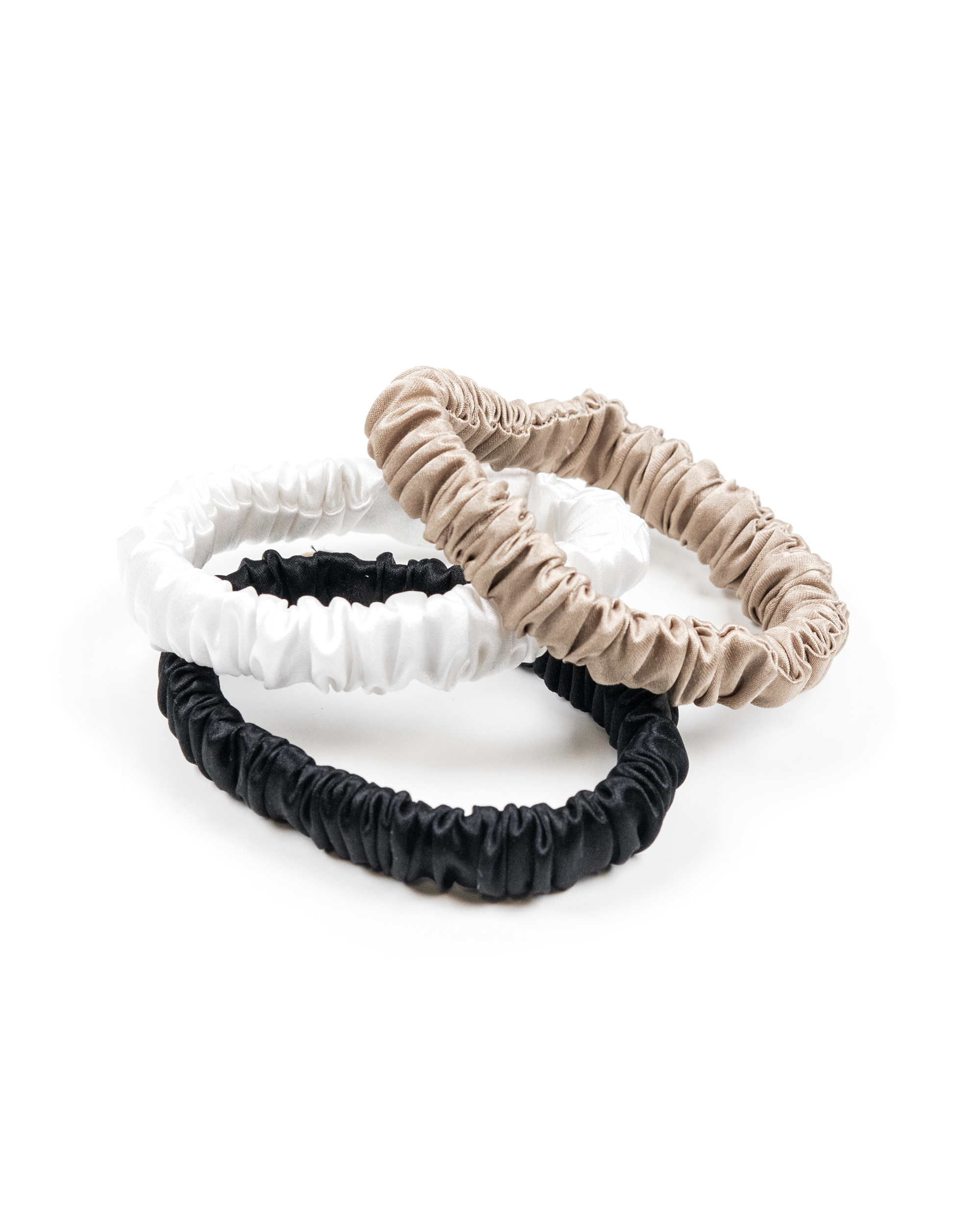 Set of mini silk scrunchies - black, ecru, champagne
