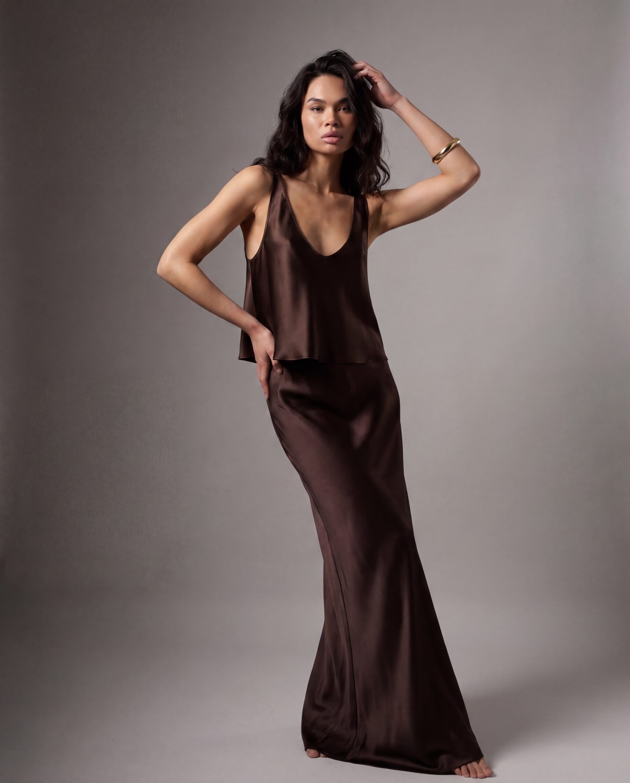 Long silk skirt - dark chocolate