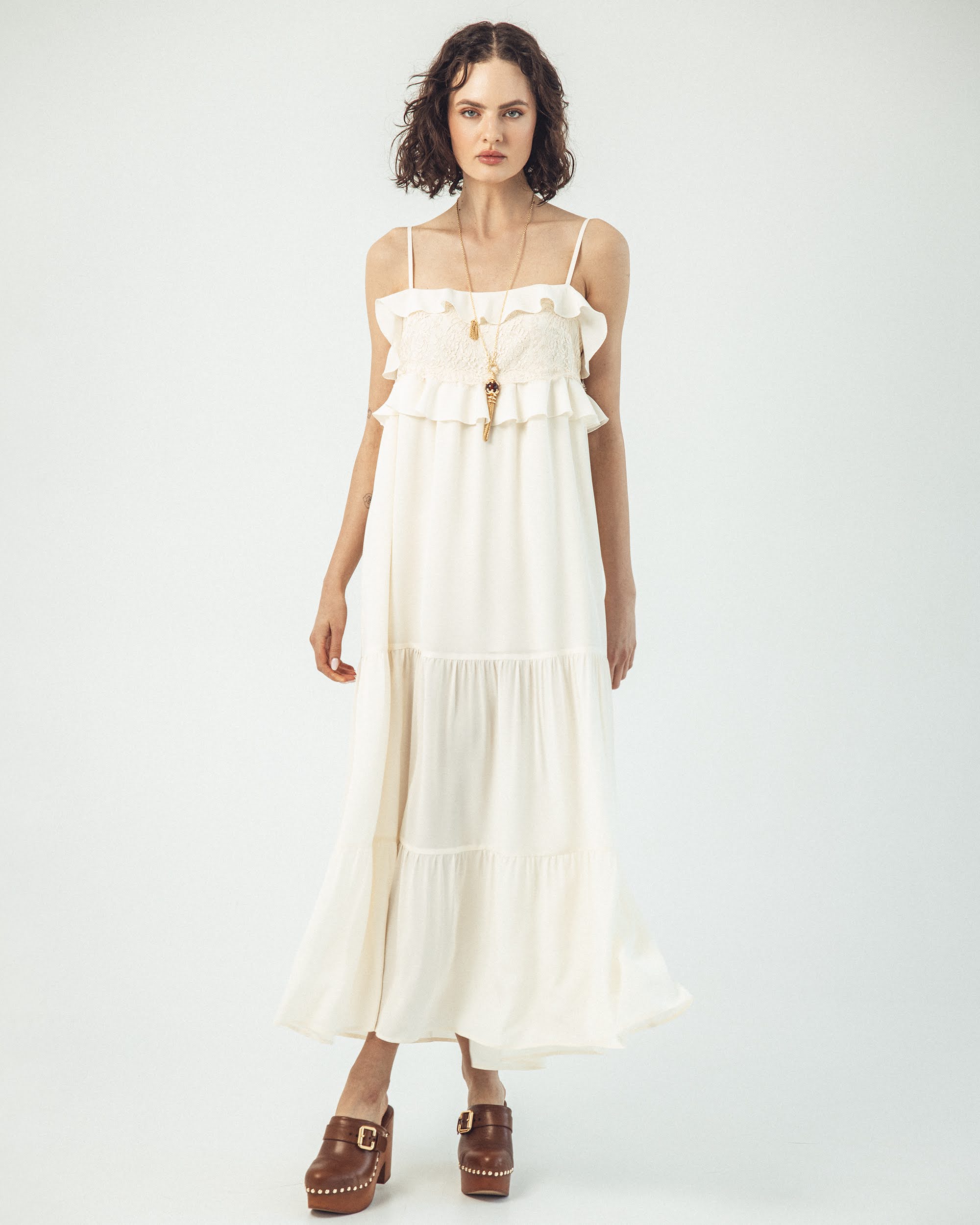 Verona - long silk strappy dress with lace and ruffle