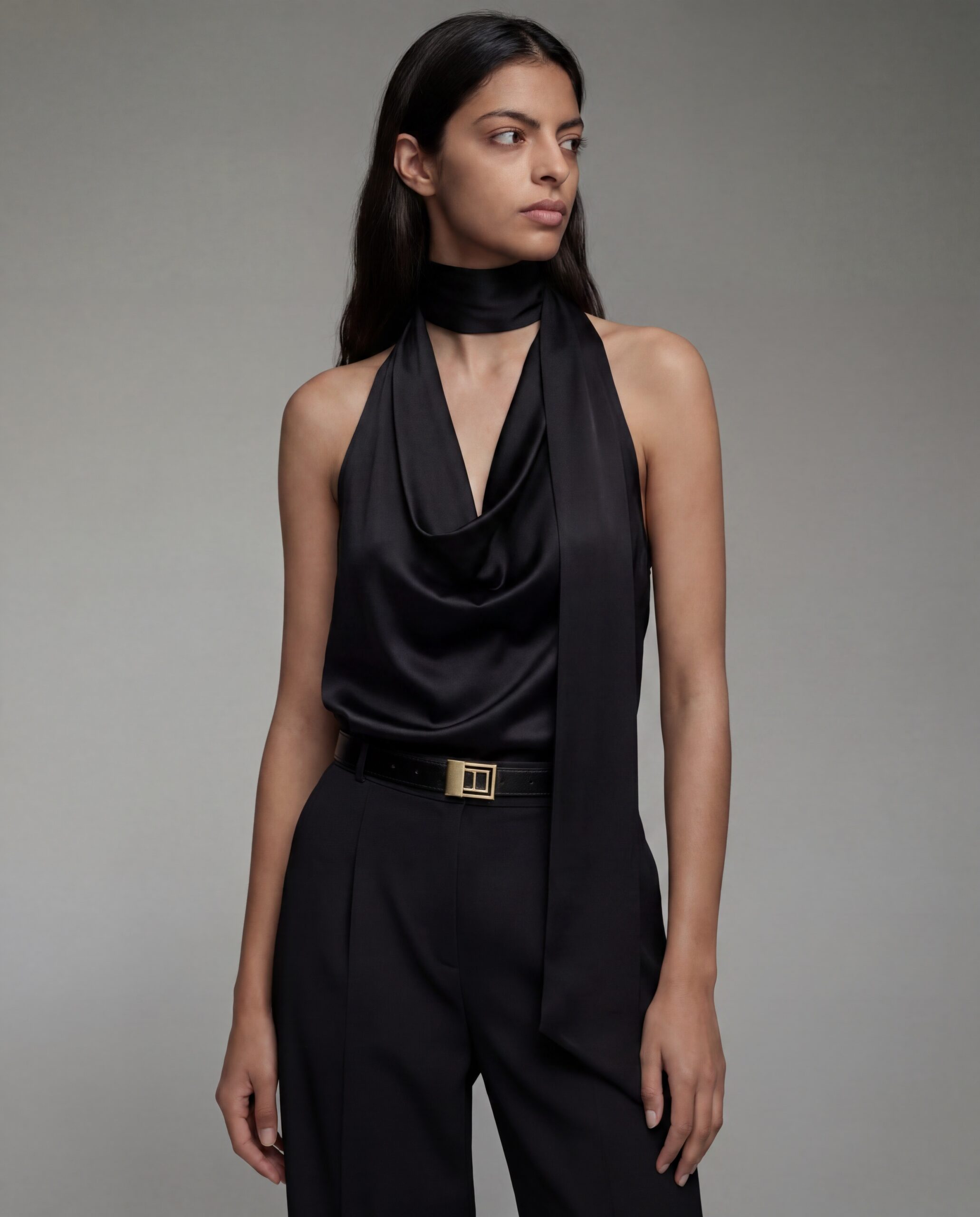 Elia silk top with sash - black