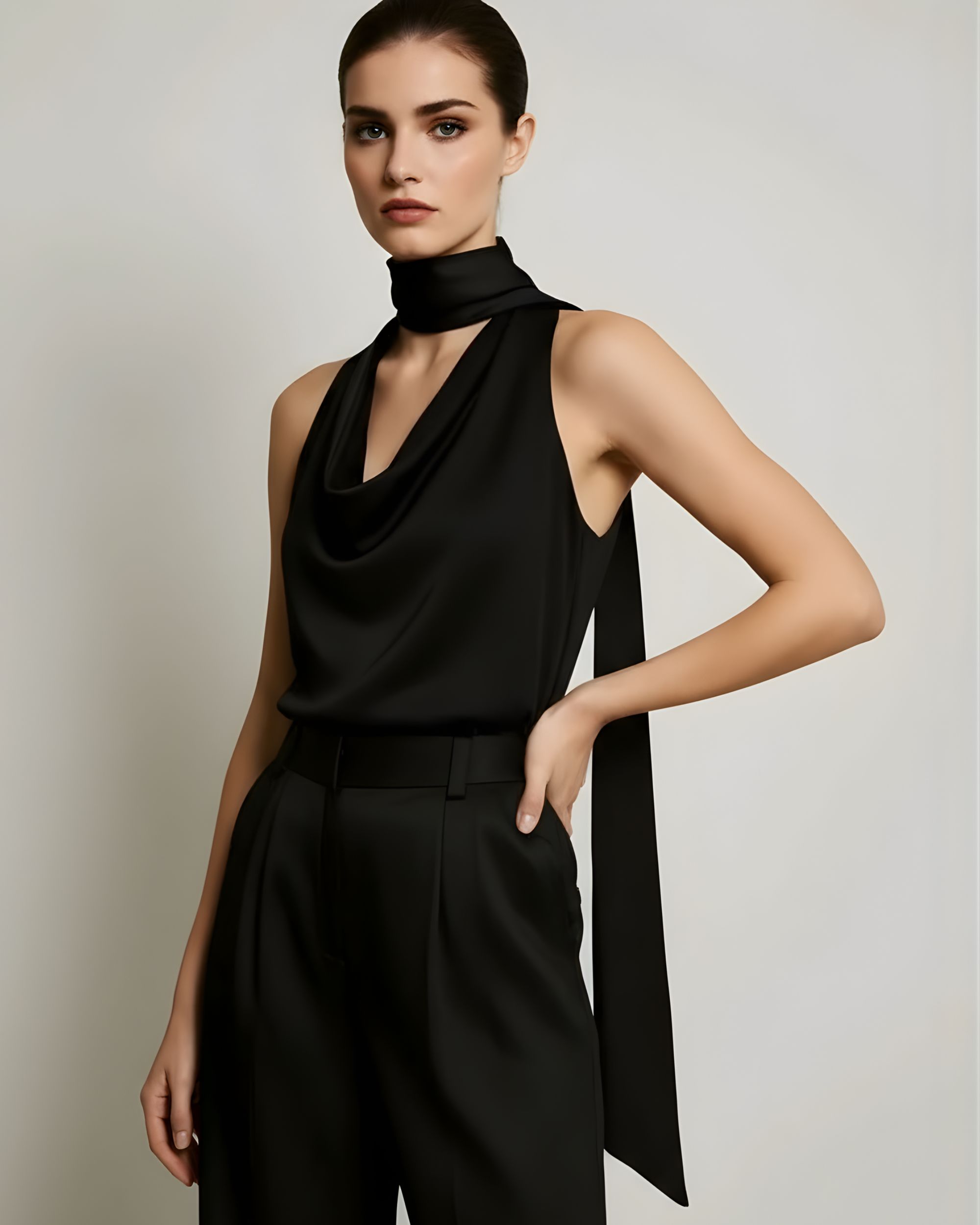 Elia silk top with sash - black