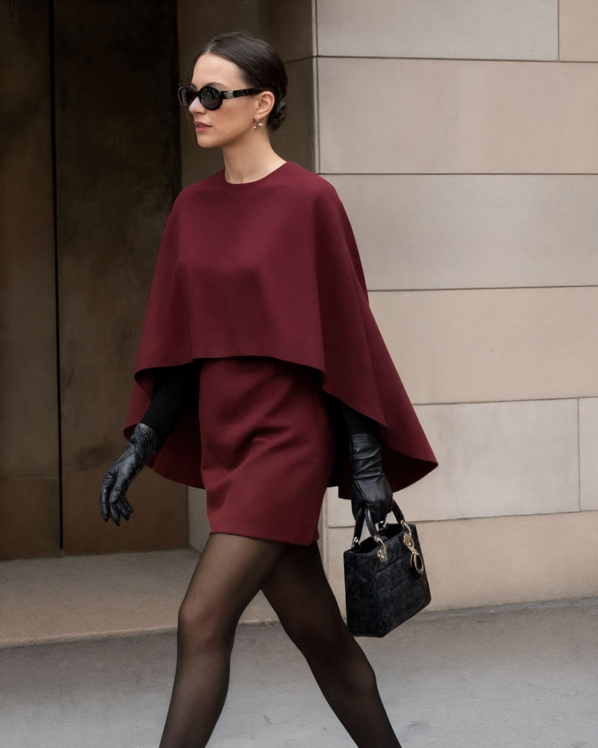 Elegant silk crepe dress with cape - burgundy
