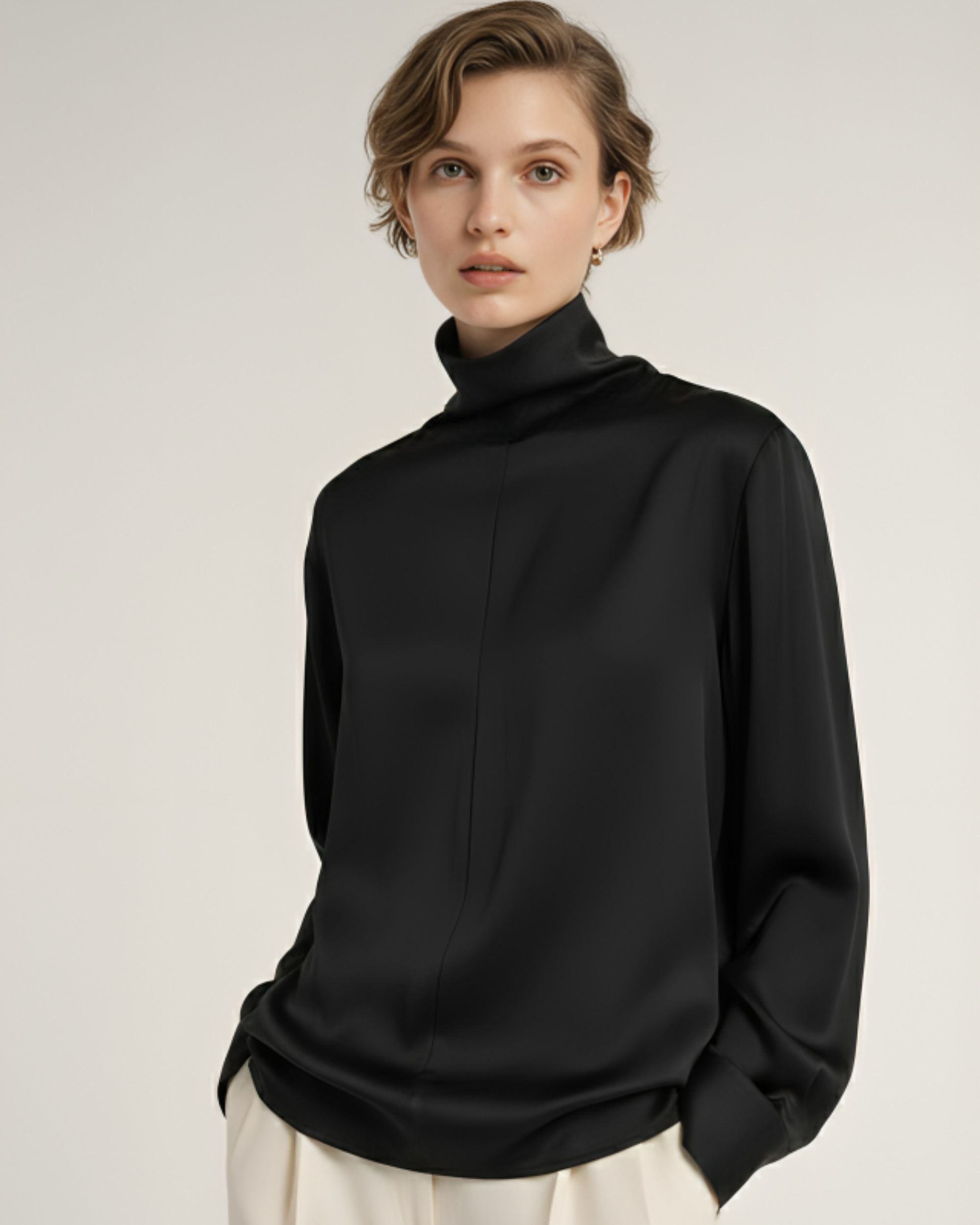 Silk blouse with a mock neck - black