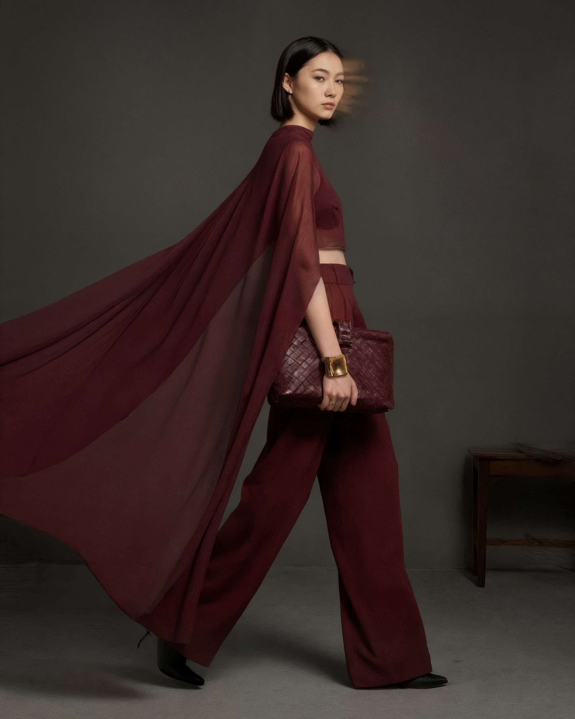 Long silk georgette cape - burgundy