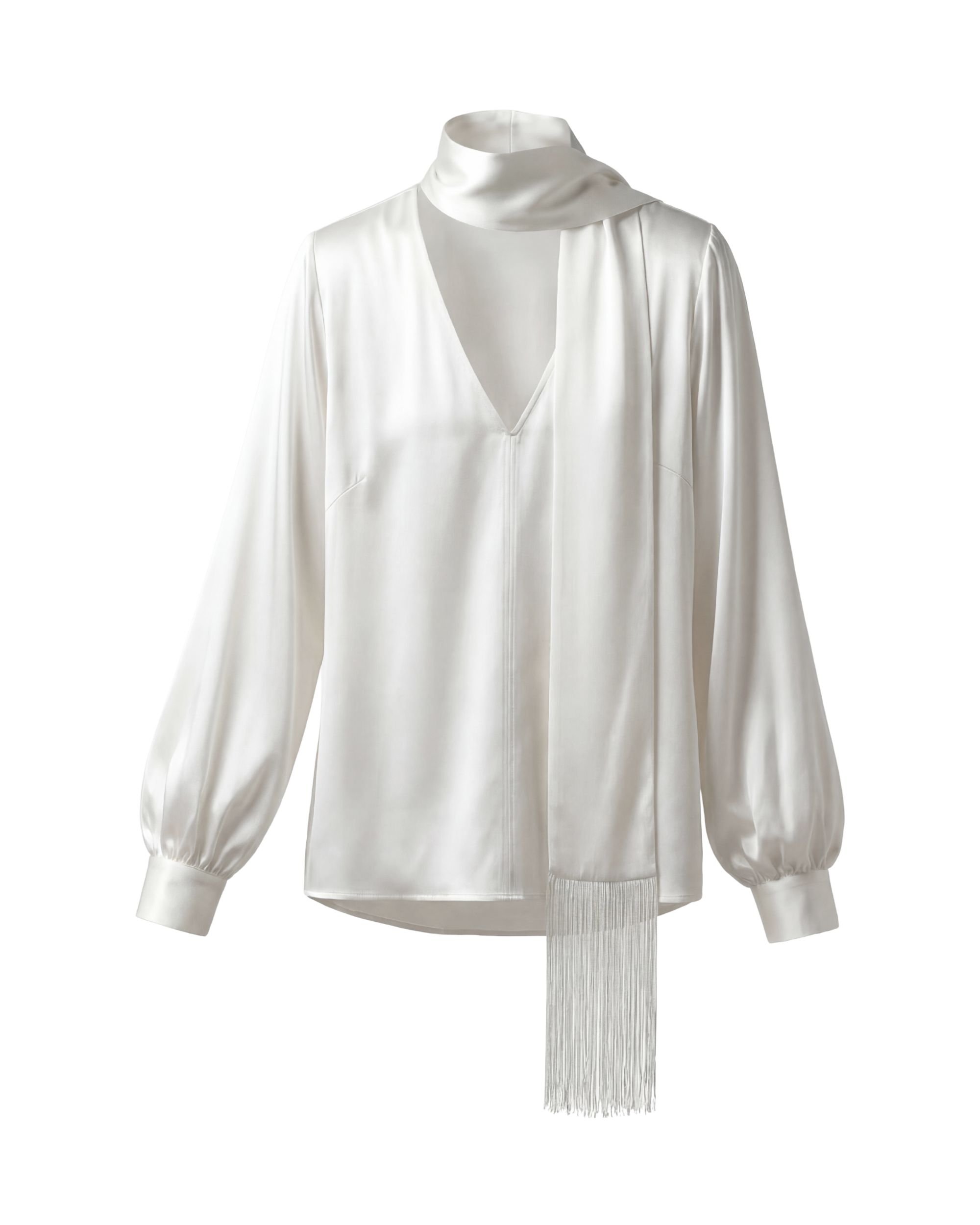 Silk Blouse with Fringed Scarf - ecru