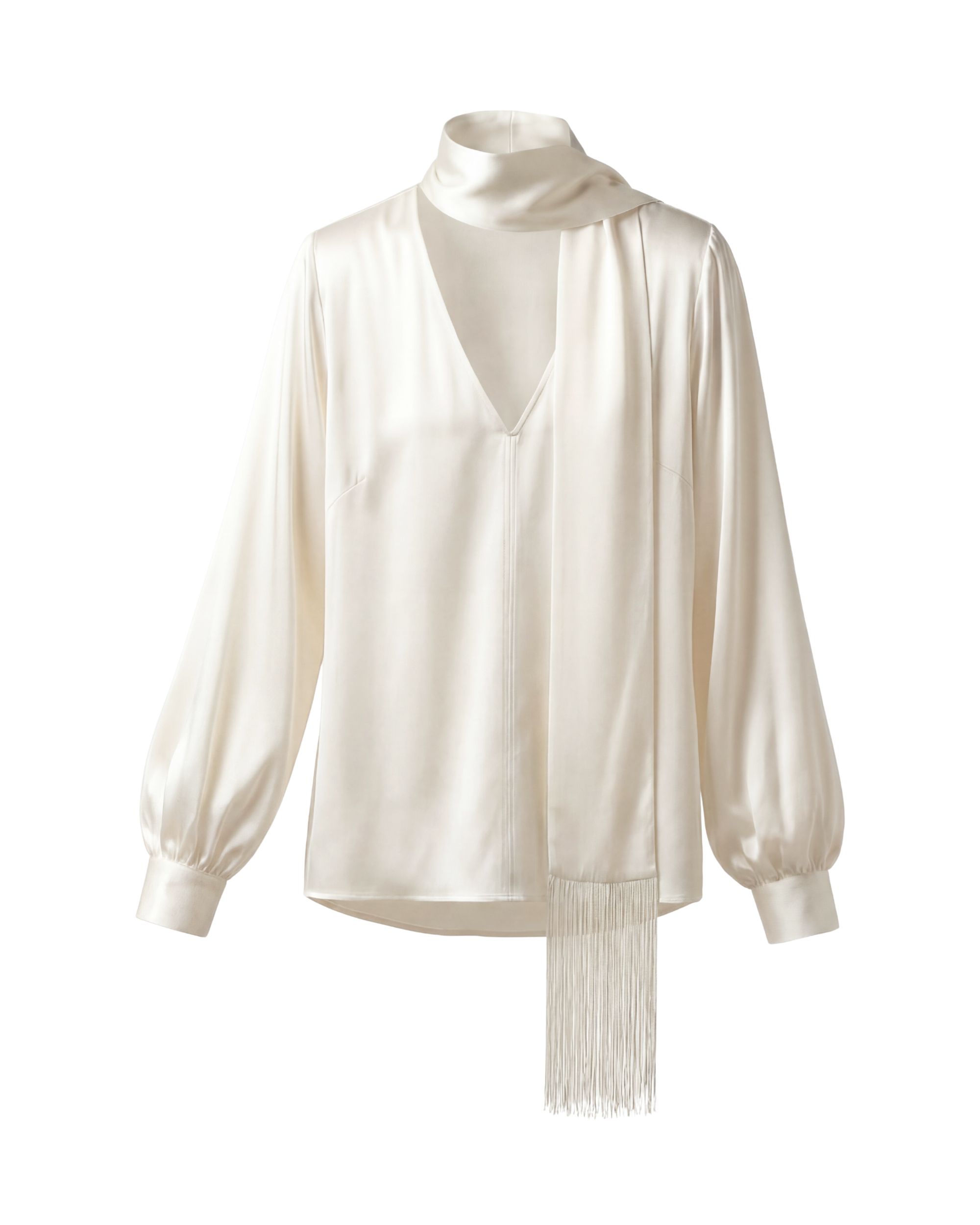 Silk Blouse with Fringed Scarf - cream